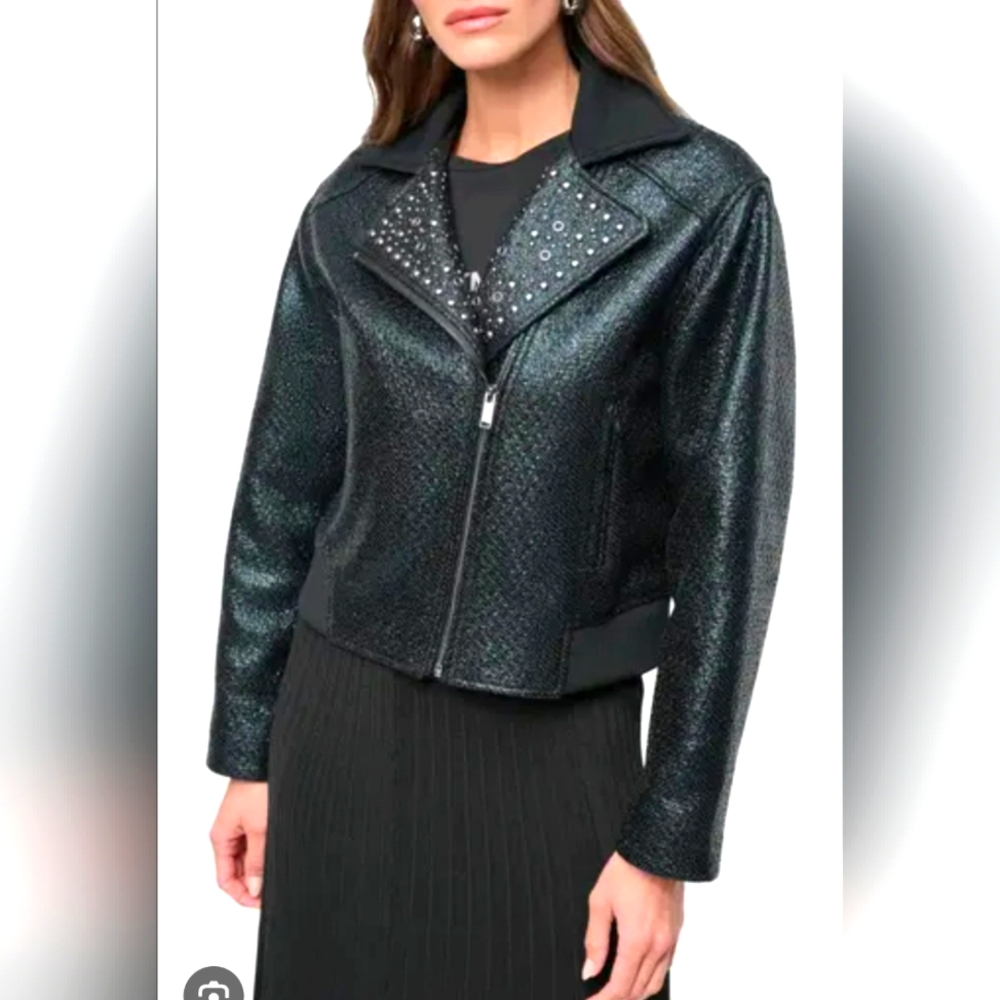 DKNY WOMEN'S FOIL TWEED MOTO JACKET SIZE LARGE NWT